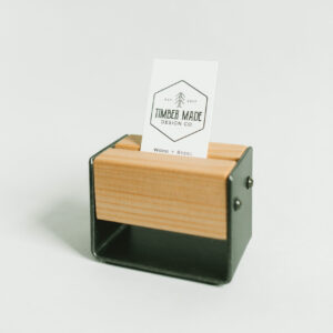 small wooden business card holder in natural stain