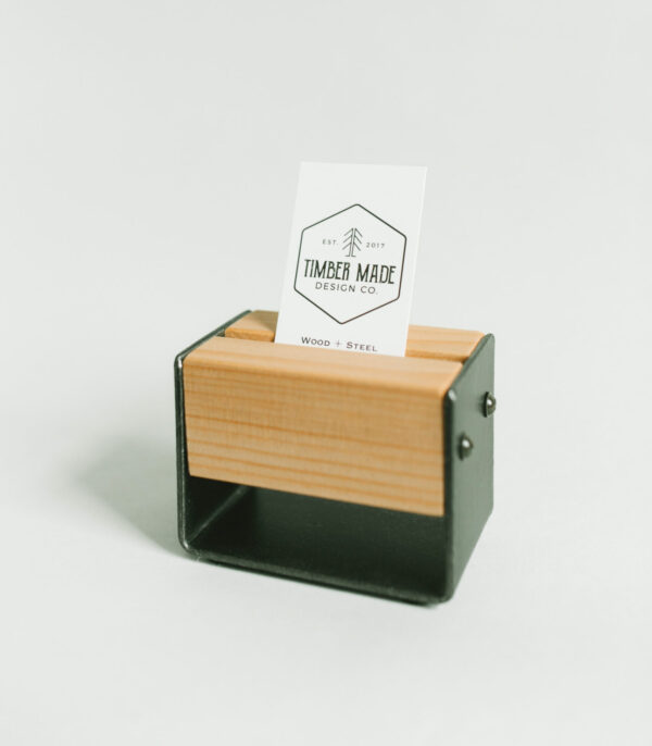 small wooden business card holder in natural stain