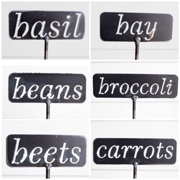 6 metal garden stakes that read: basil, bay, beans, broccoli, beets, and carrots