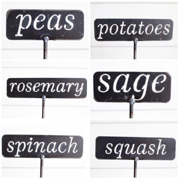 6 different metal garden stakes that read: peas, potatoes, rosemary, sage, spinach, and squash