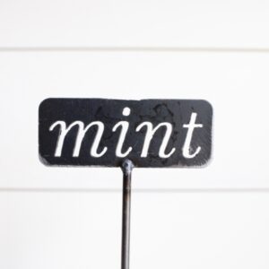 dark gray metal garden stake that reads "mint"