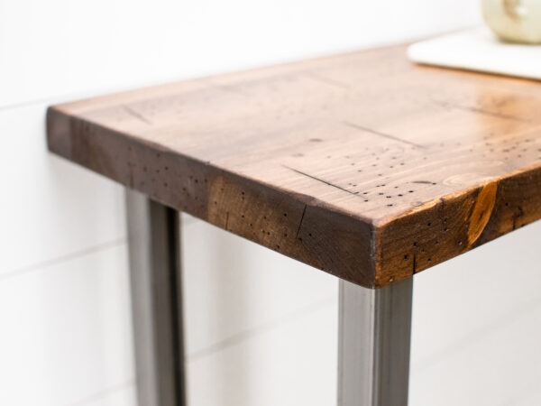 close up photo of our industrial wooden sofa table