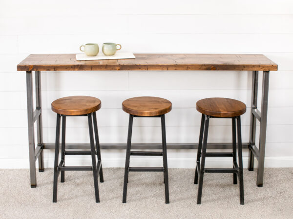 industrial wooden sofa table with 3 bar stools