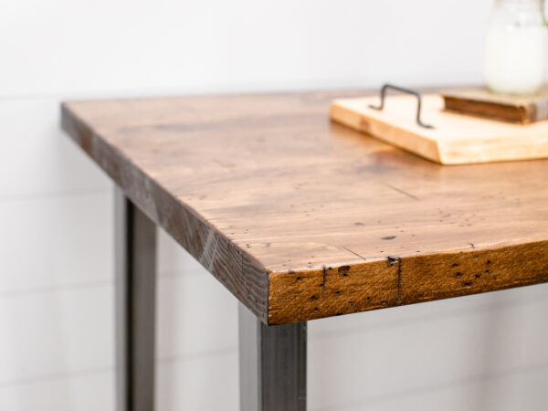 close up photo of our industrial wooden sofa table