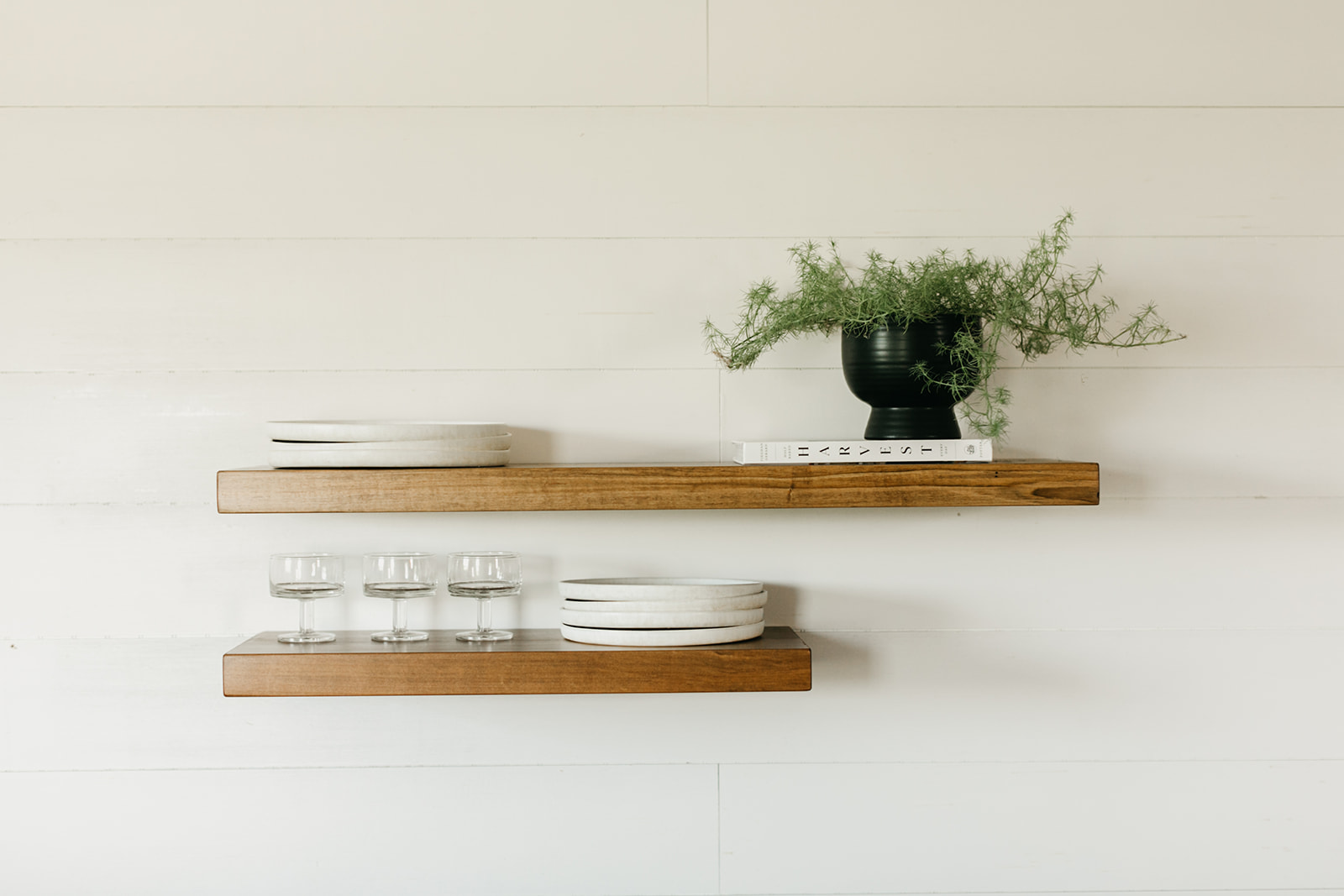 Deep Floating Wooden Shelves - holding planter and dishware